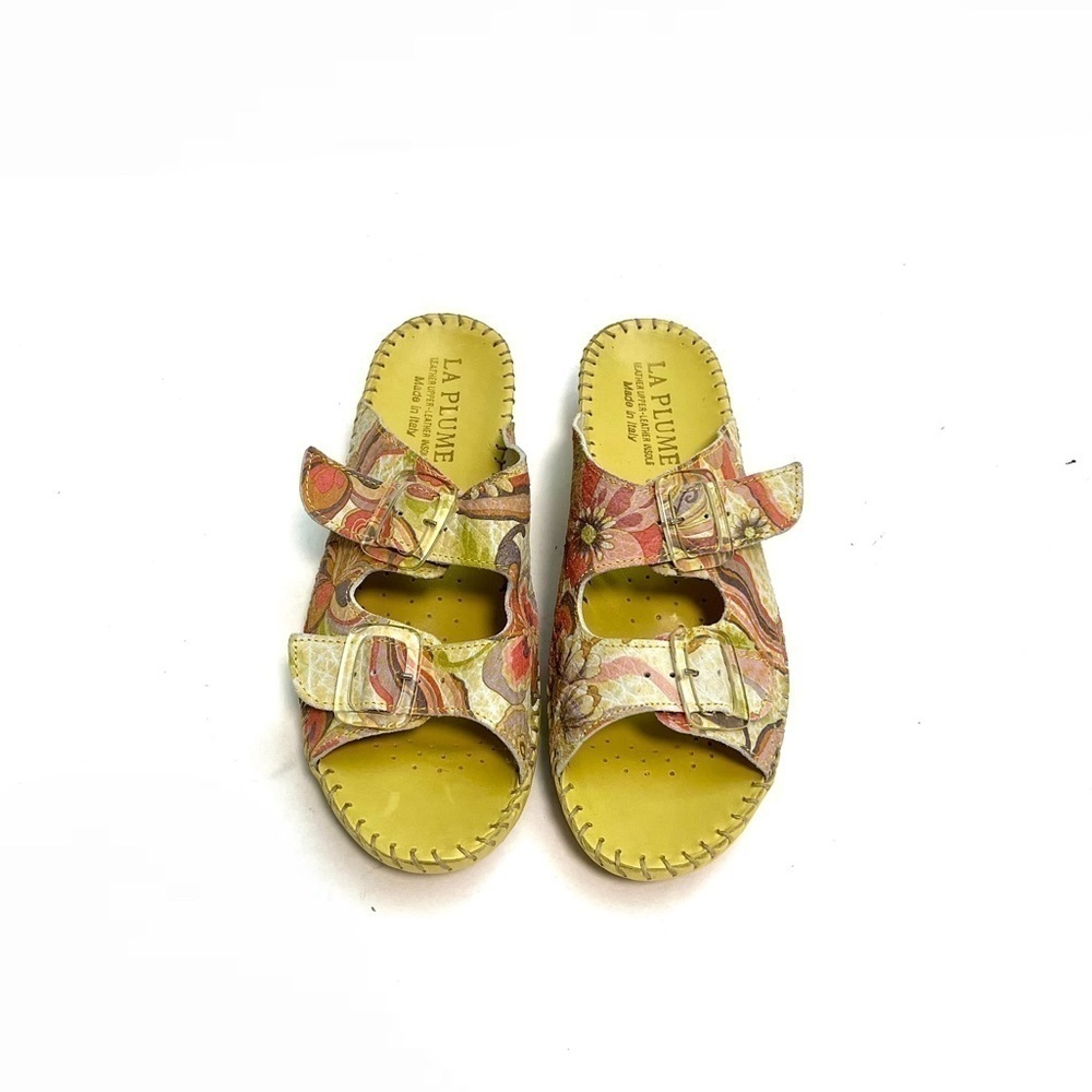 Vintage Y2K deadstock chartreuse leather floral print buckle strap sandals - Picture 3 of 8